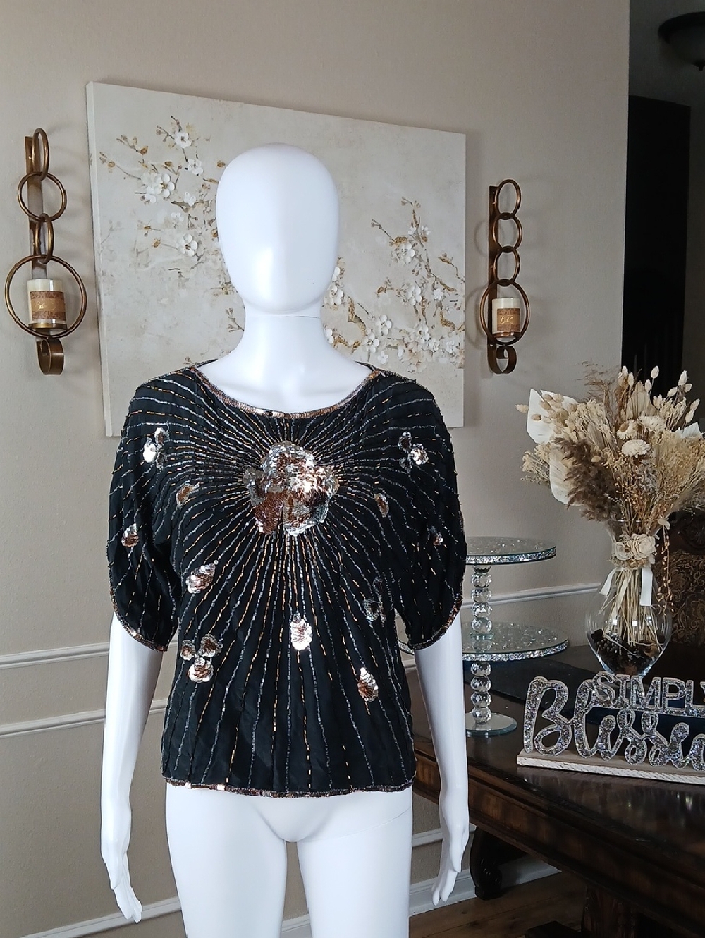 Argenti Women's Black Silk Embellished Beaded Cocktail Top Short Sleeves Large